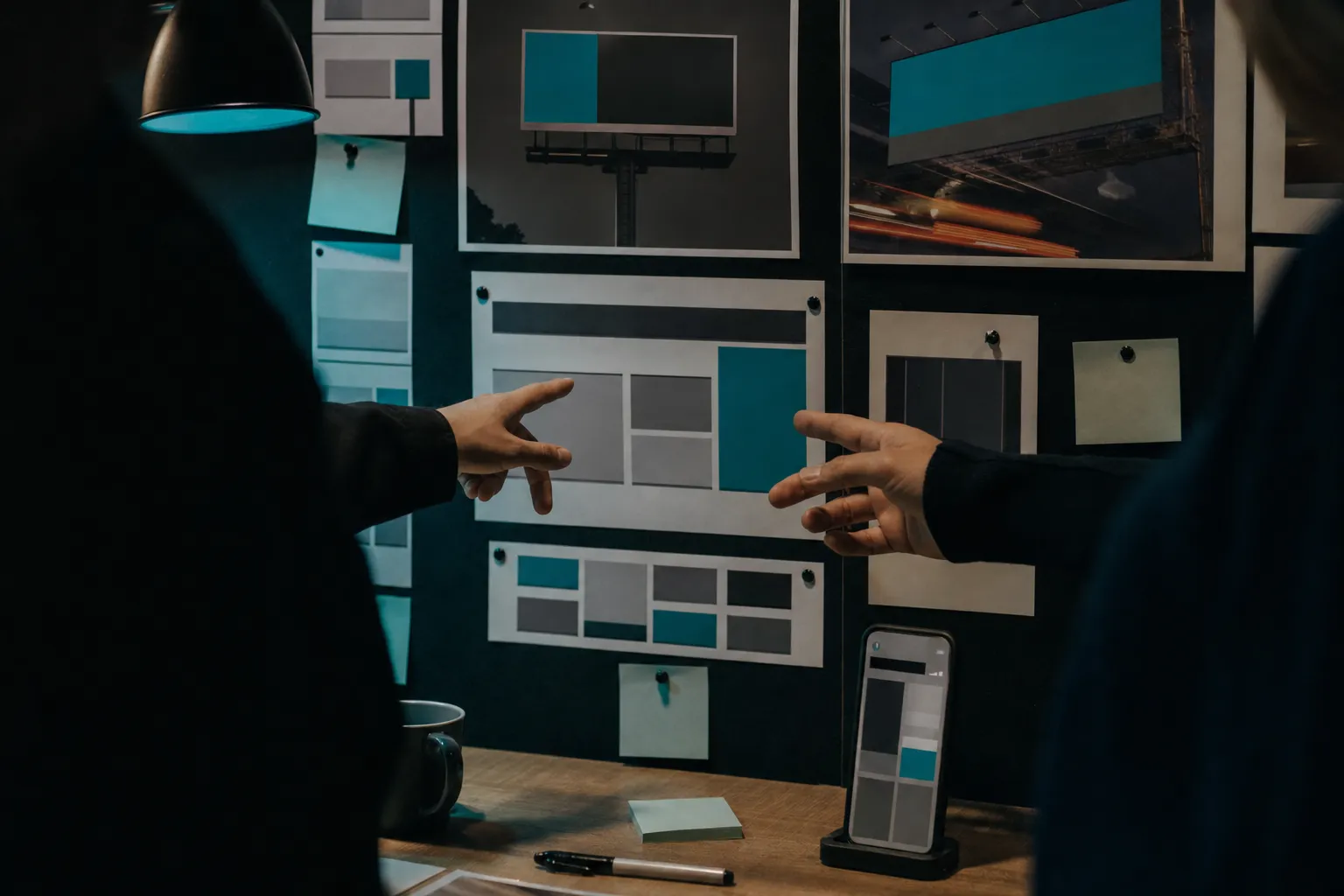 Printed ad comps pinned to a dark board with hands pointing at one, a phone showing an abstract feed.