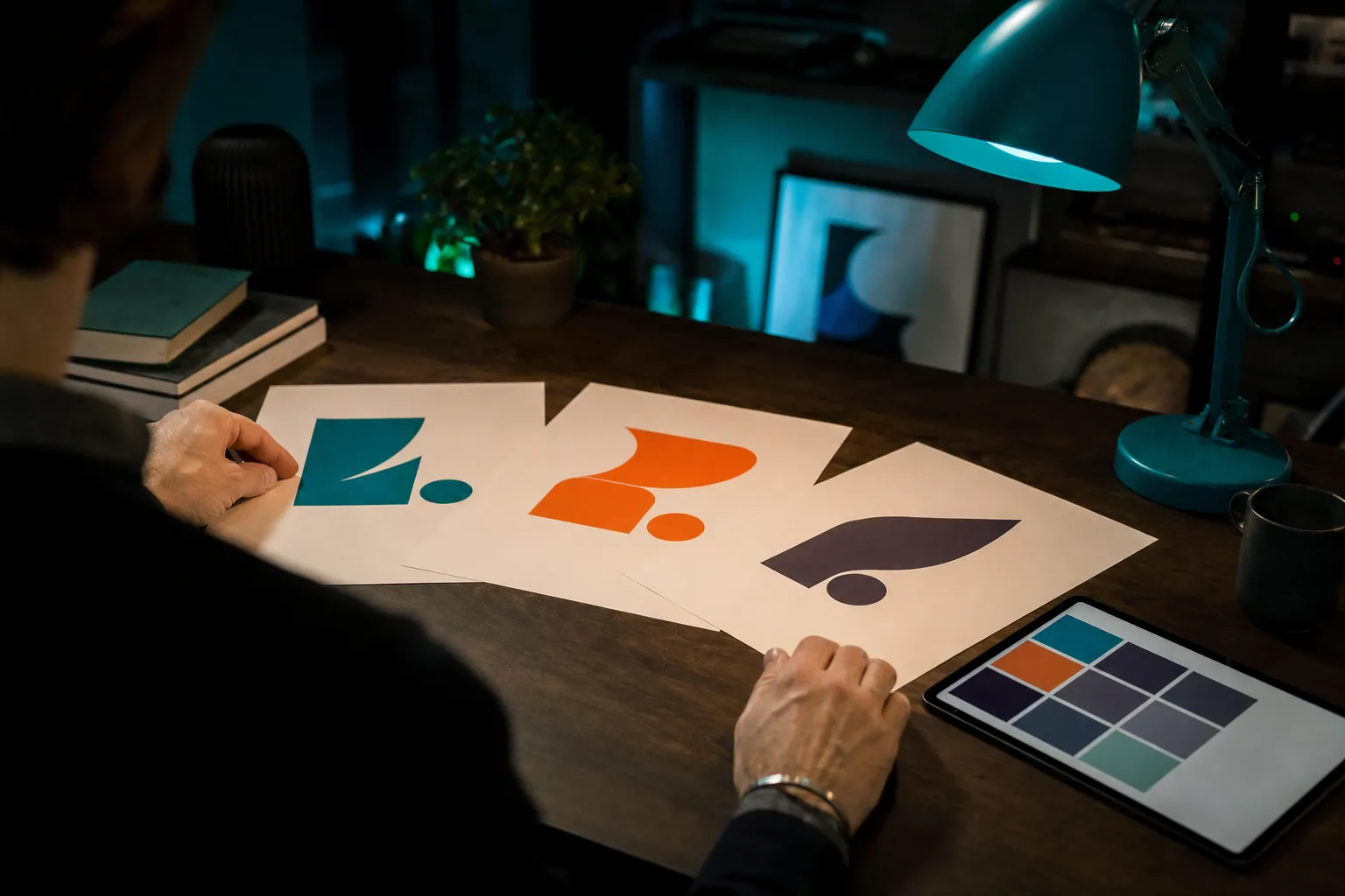 A business owner reviewing three printed logo concept boards at a table under teal light.