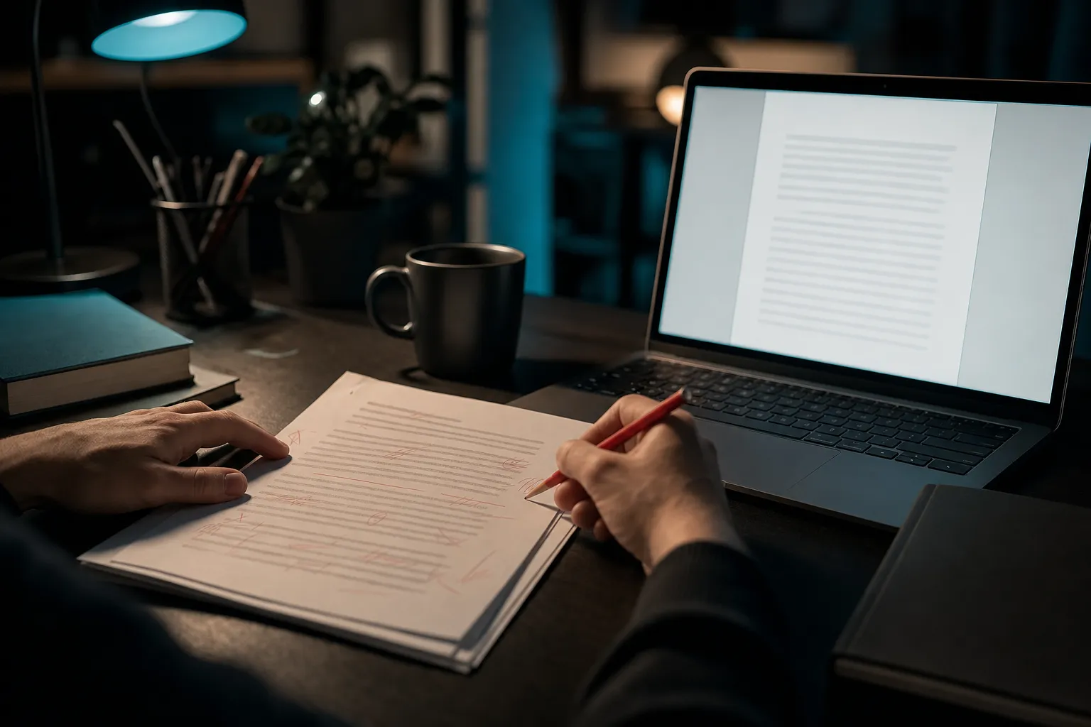 A hand marking up a manuscript page in red pencil beside a laptop under teal light.