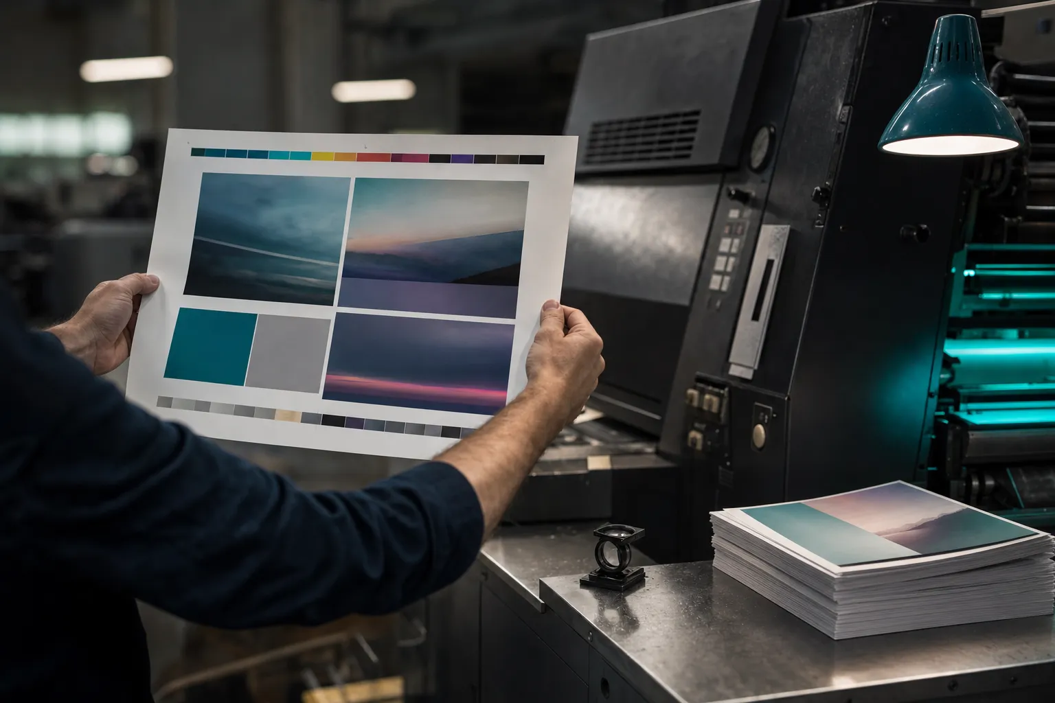 A press operator's hands checking a printed proof sheet with a loupe beside an offset press.