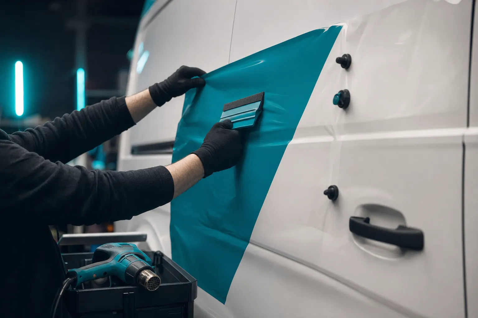 An installer's gloved hands squeegeeing vinyl onto the side of a white cargo van in a dark bay.