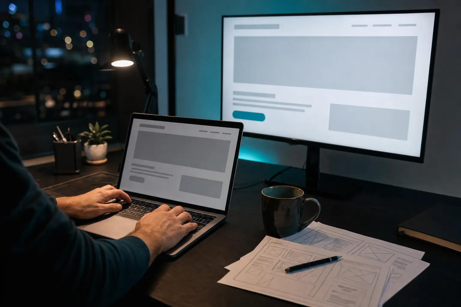 A designer's hands at a laptop with wireframe sketches and a monitor showing an abstract page layout.