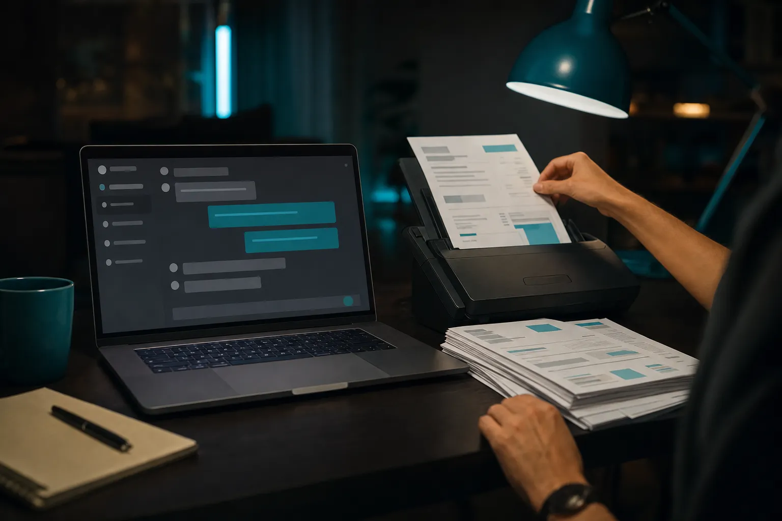 A hand feeding paper invoices into a scanner beside a laptop showing an abstract assistant window.