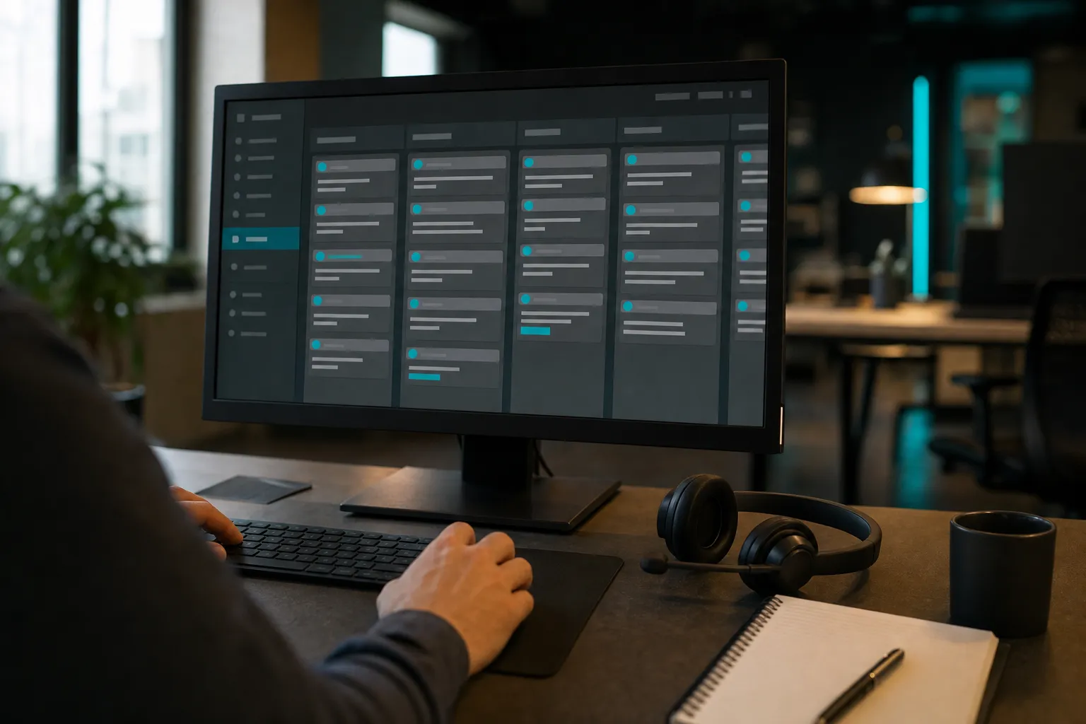 A sales desk with a monitor showing an abstract pipeline board of columns and cards.