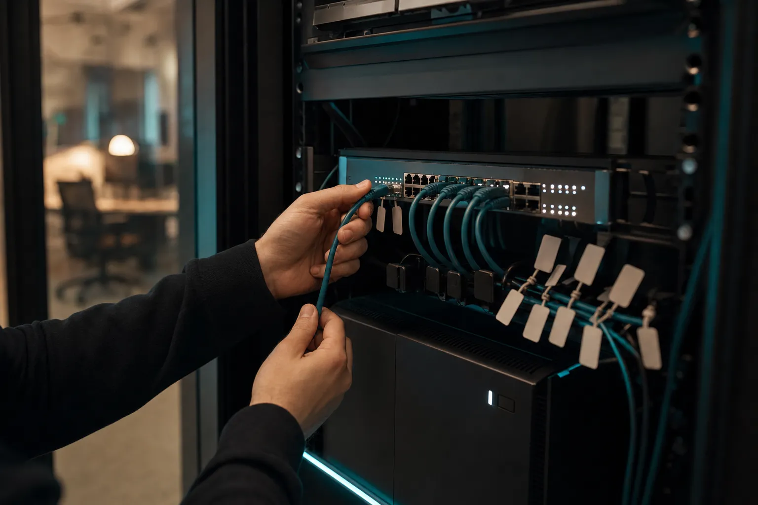 Hands plugging a patch cable into a small-office network switch with teal indicator lights.