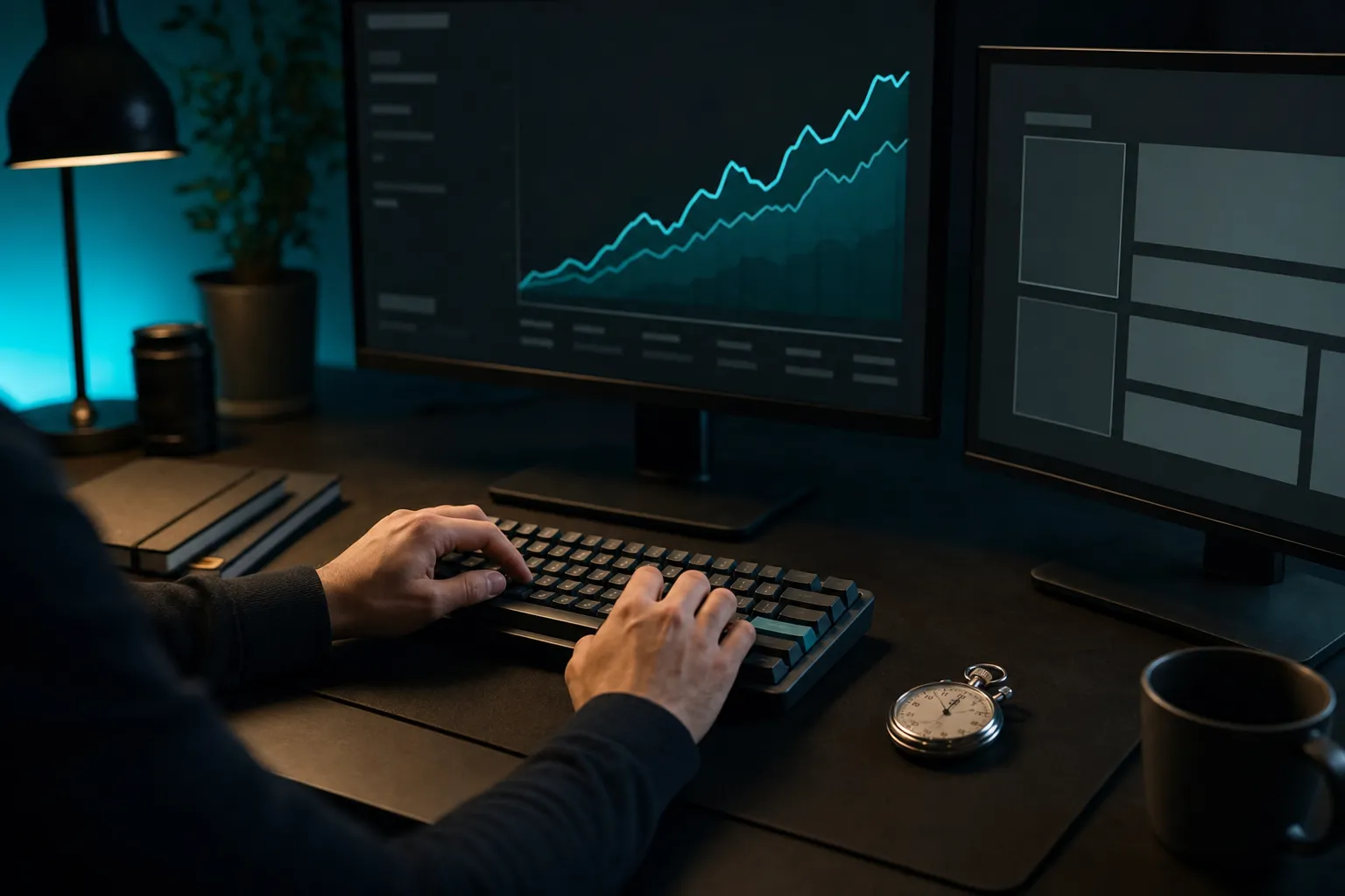 A developer's hands at a keyboard with a monitor showing an abstract performance chart.