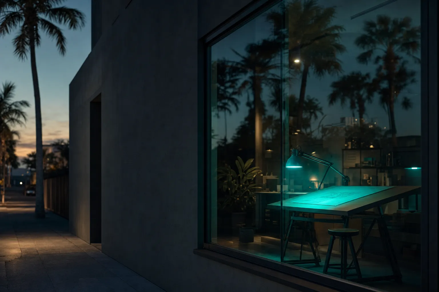 A small Florida design studio at dusk seen through its window, a teal desk lamp glowing inside