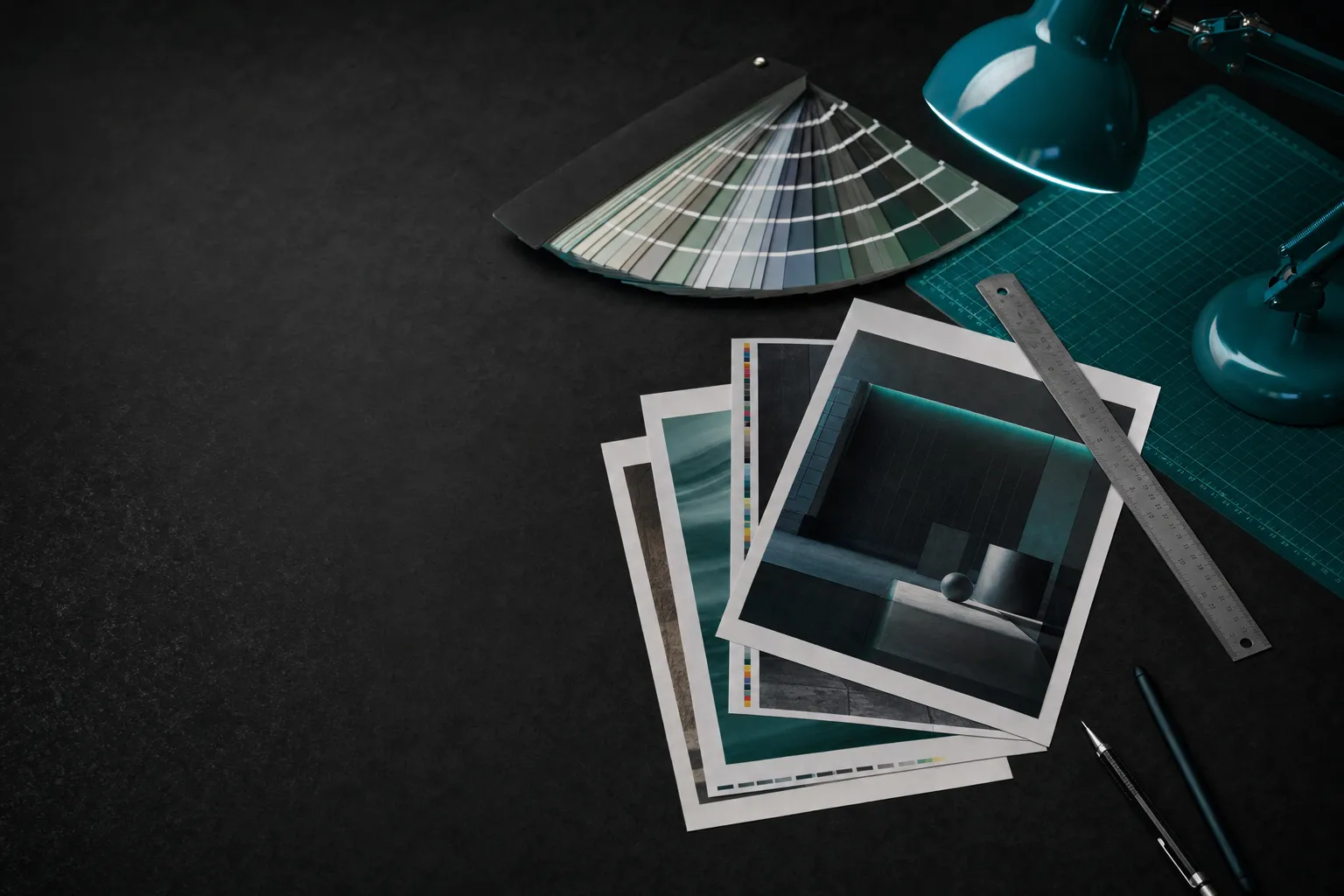 A design studio worktable with swatch books, a ruler, a cutting mat, and printed proofs under teal light