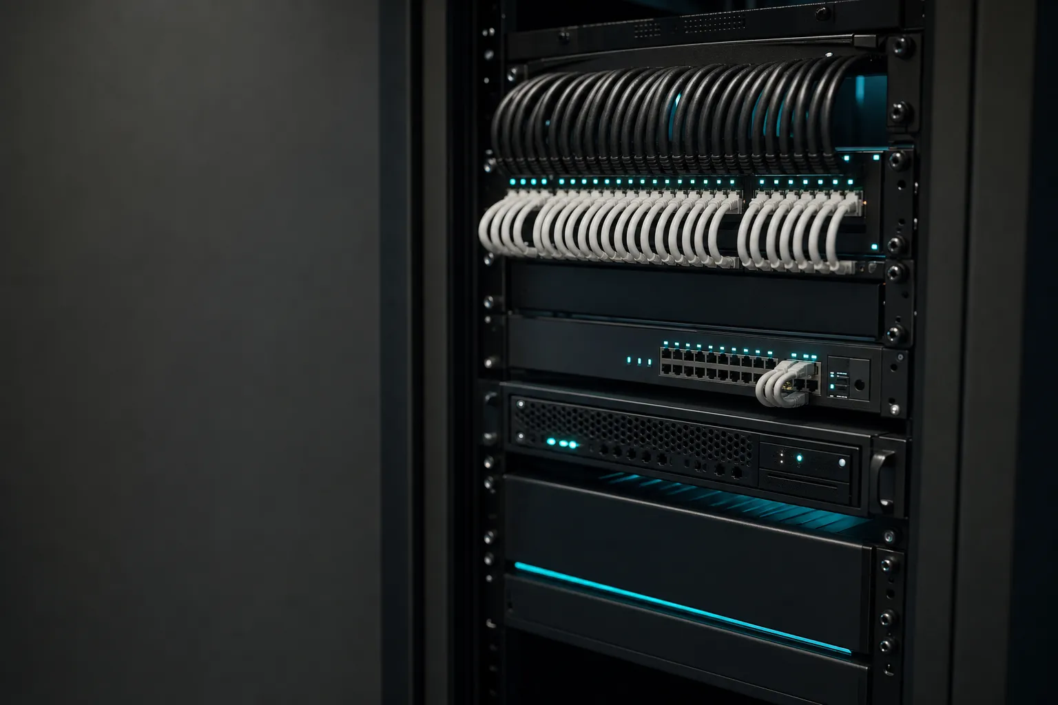 A neatly cabled network rack with teal indicator lights in a dark server closet