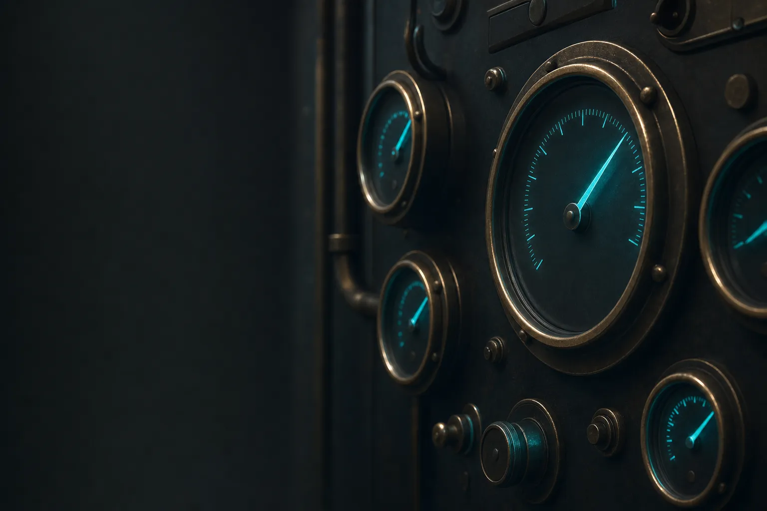 Analog gauges and dials glowing teal in a dark control room.