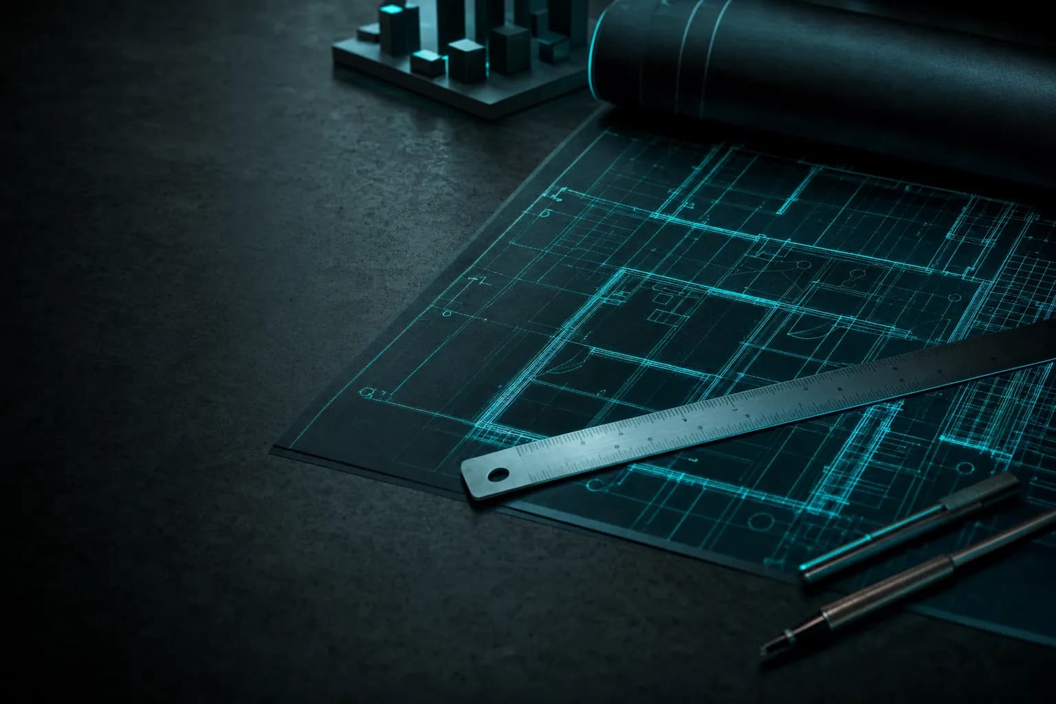 A half-unrolled blueprint with teal lines and a steel ruler on a dark desk.