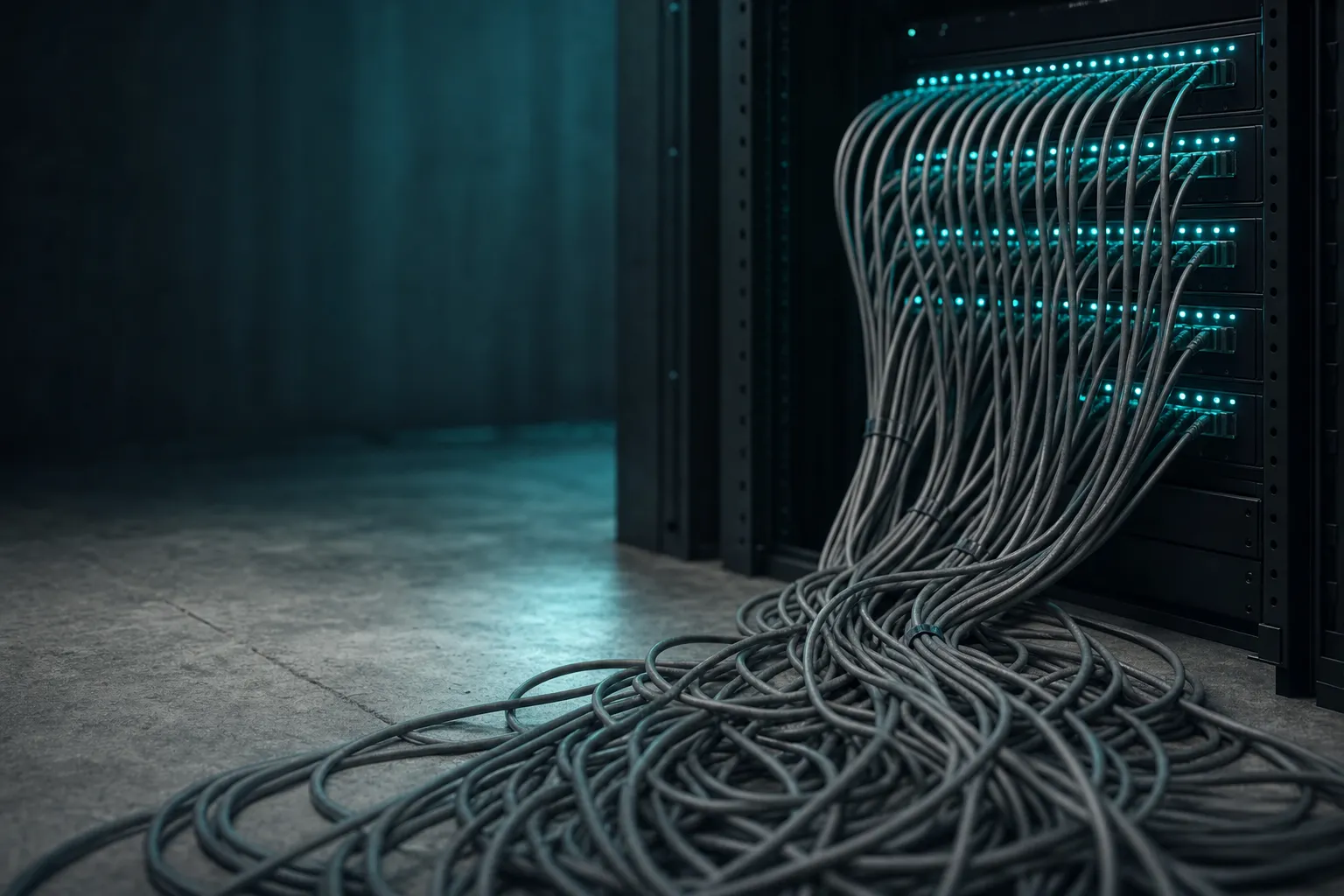 Grey cables rising from a tangle on the floor into a neat, teal-lit patch panel.
