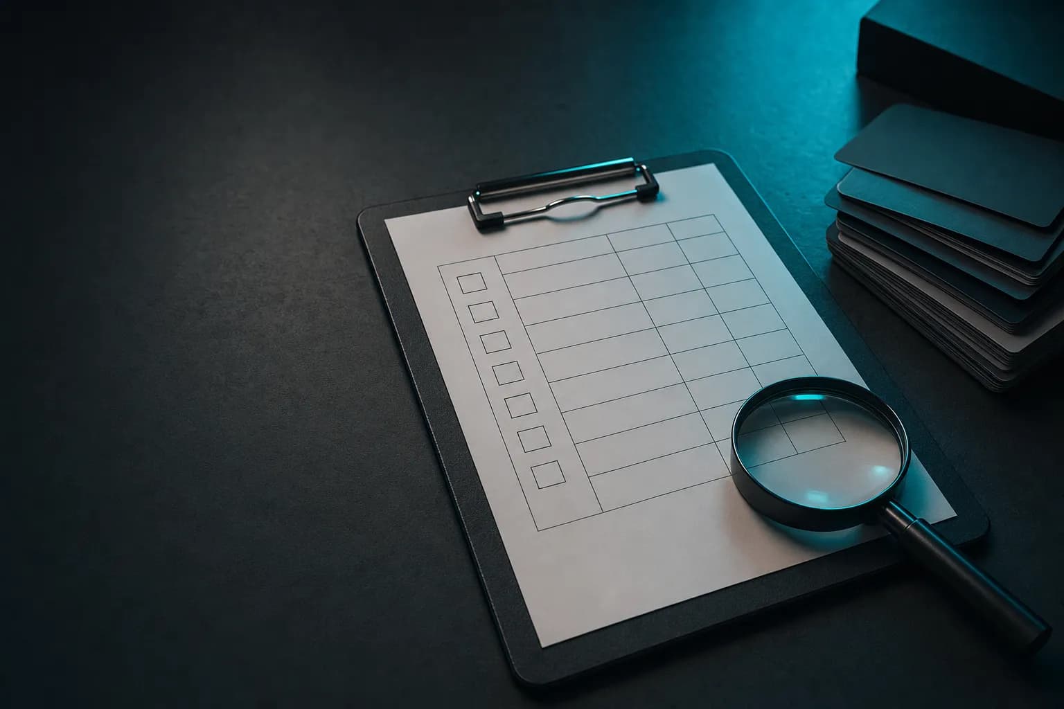 A clipboard with a blank grid and a magnifying glass on a dark desk.