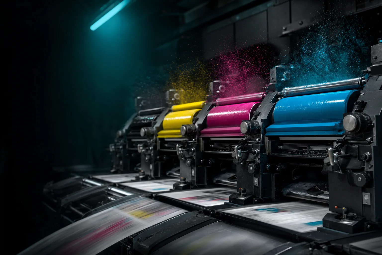 Ink rollers of a printing press with ink mist in a dark press hall.