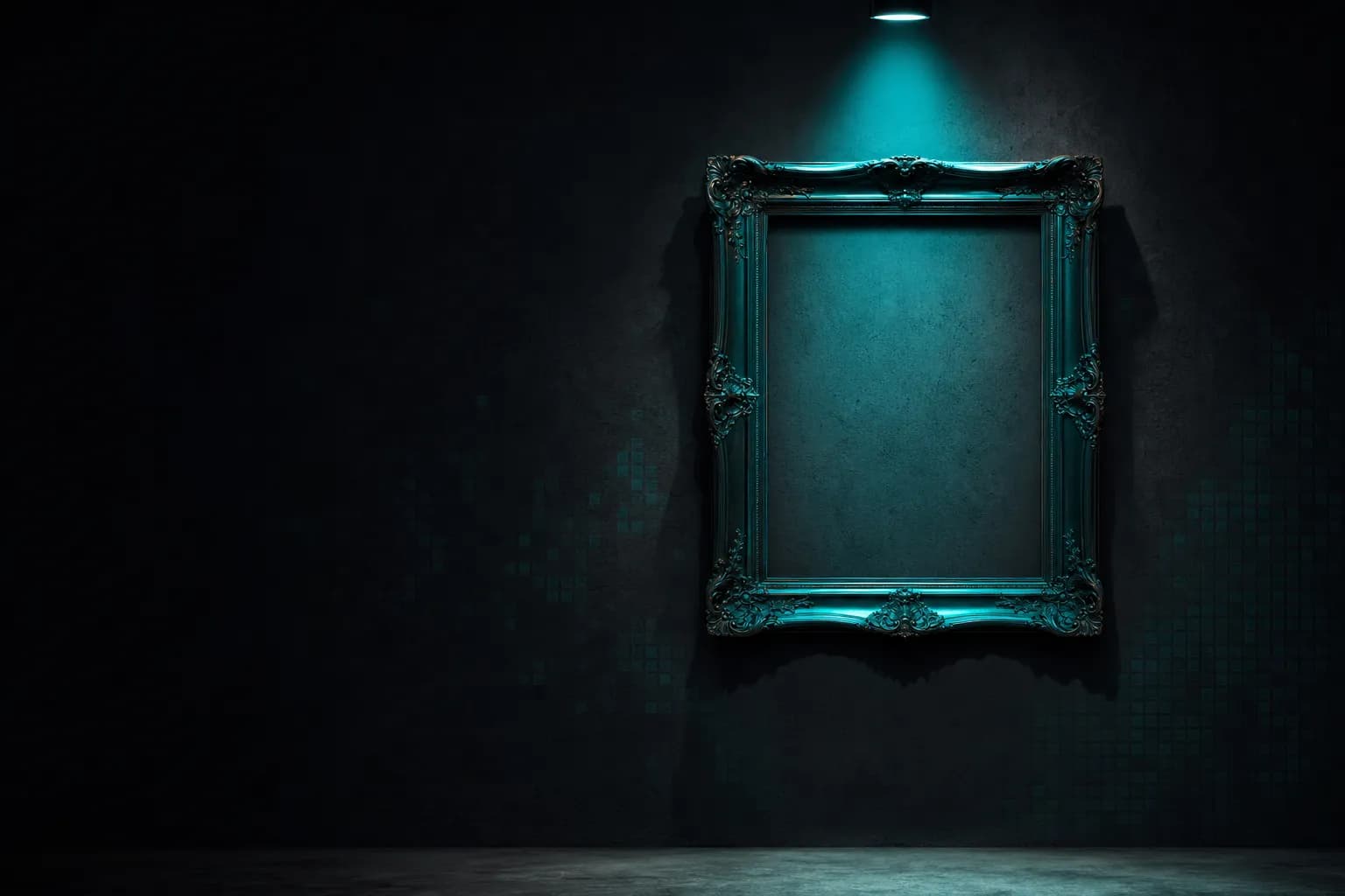 An empty picture frame on a dark gallery wall under a teal spotlight.