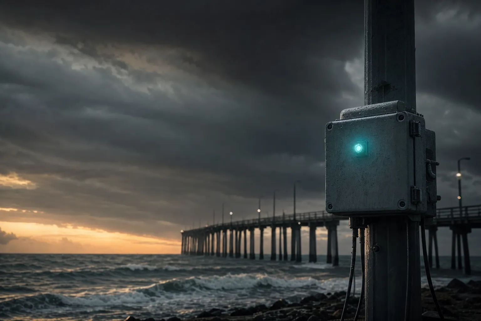 Storm clouds over a Gulf pier at dusk with a teal-lit junction box on a post.