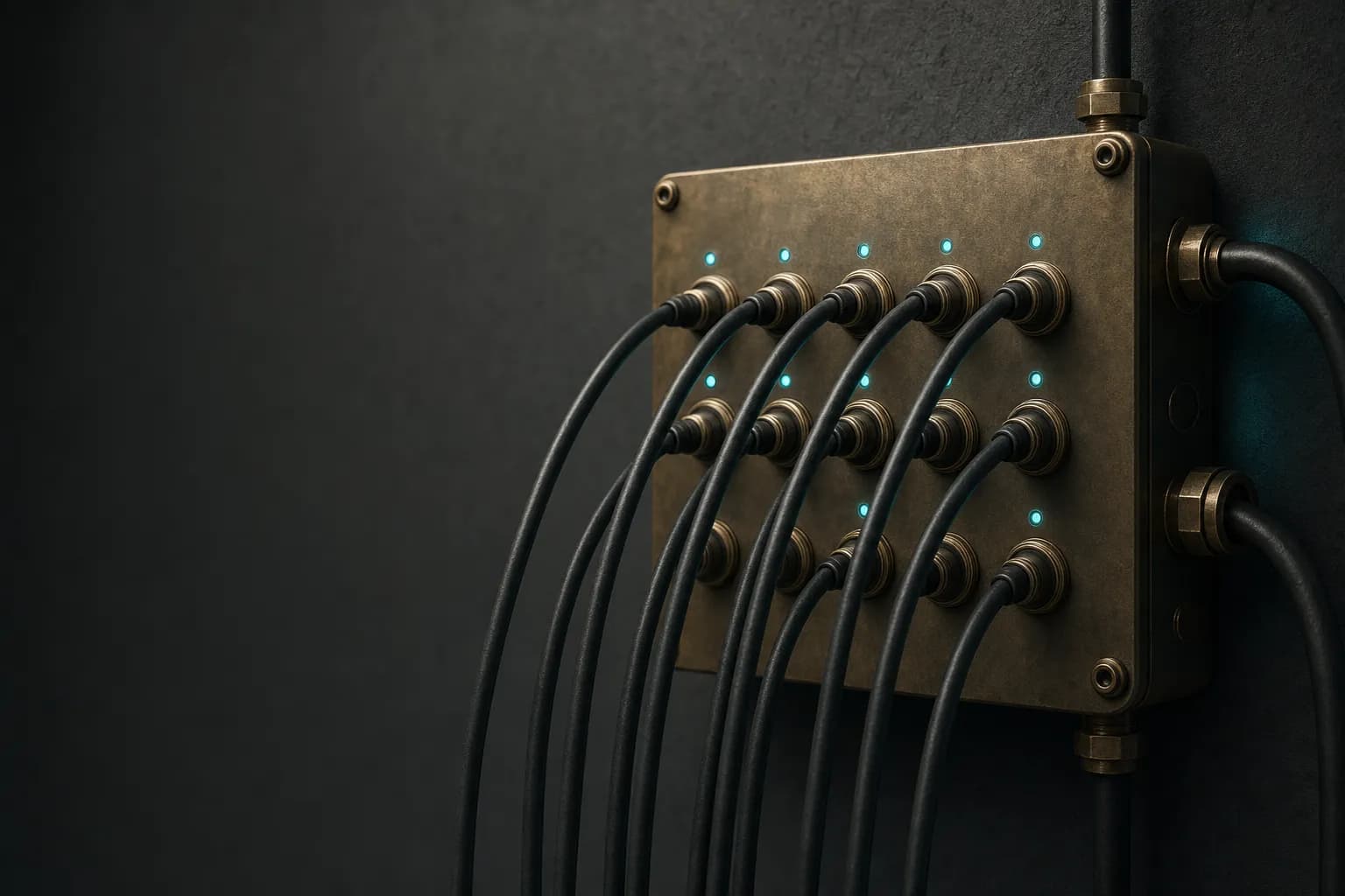 A brass junction box with many plugged-in cables and teal indicator lights.