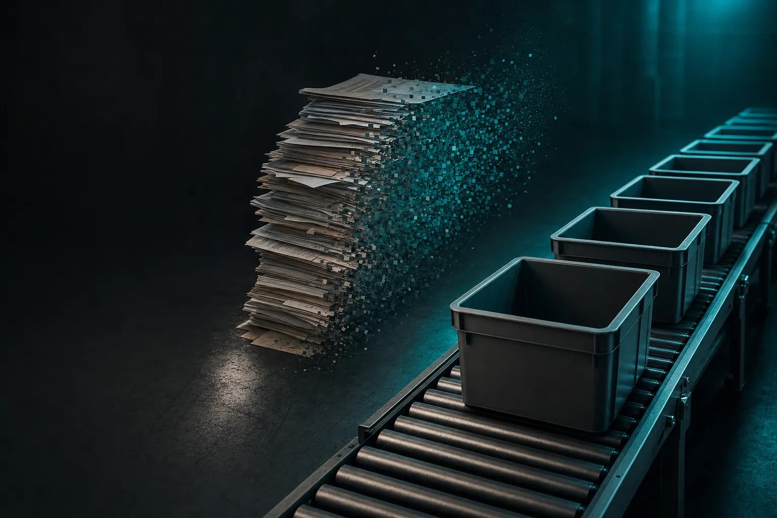 Paper ledgers dissolving into a conveyor of bins on a dark factory floor.