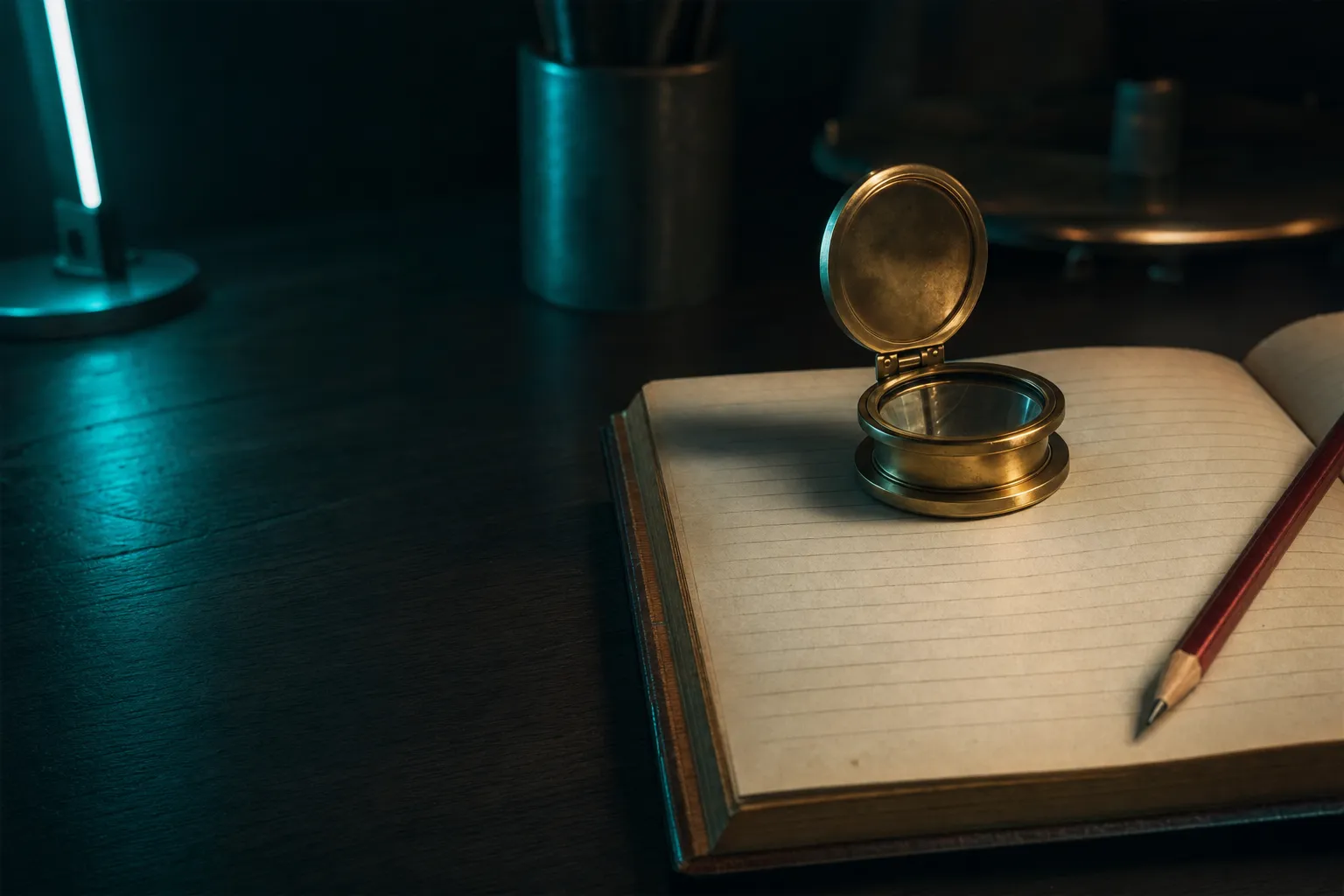 A blank manuscript page under a magnifying loupe with a red pencil, lit from the side in teal.