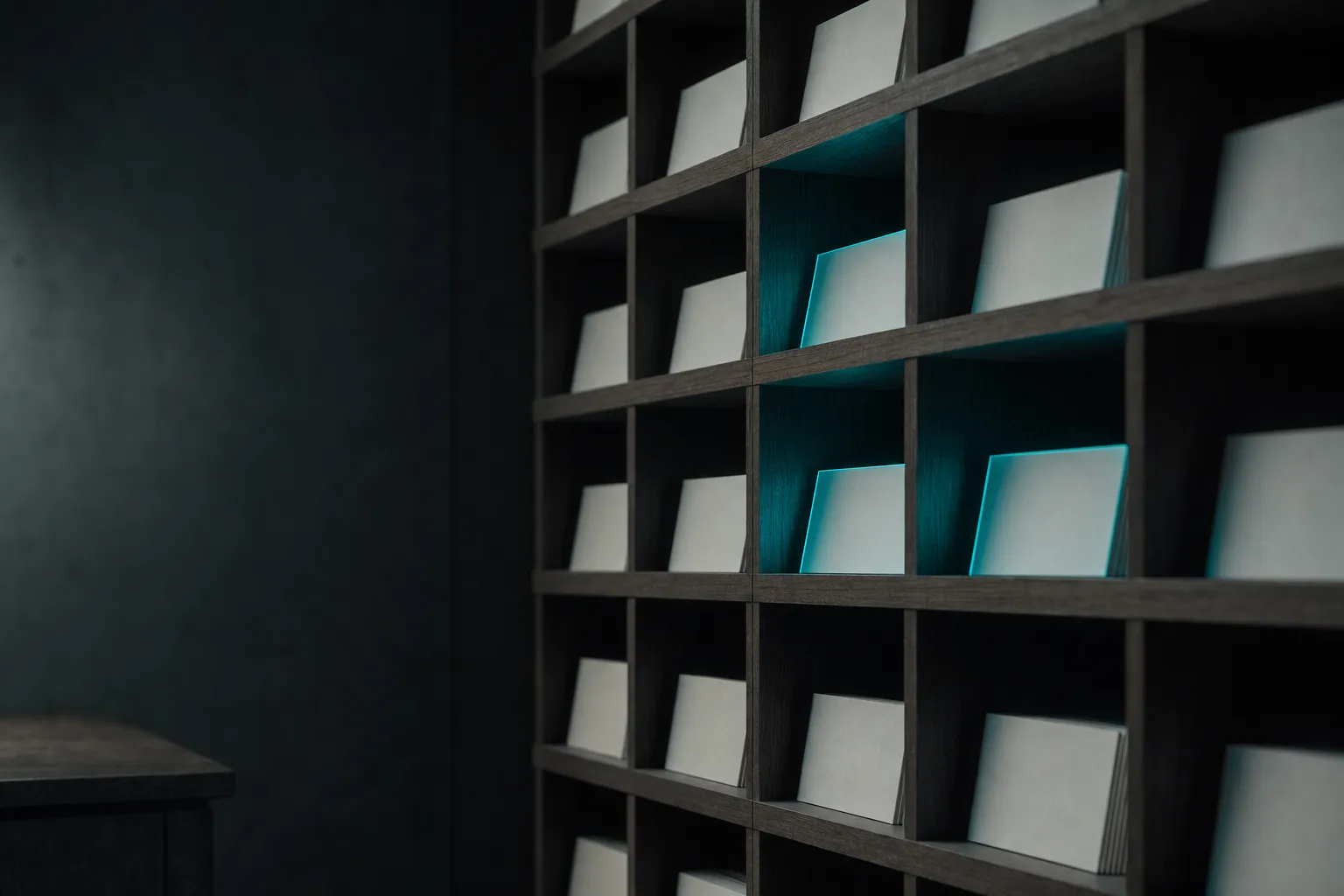 Wooden pigeonholes full of blank index cards, a few lit teal.