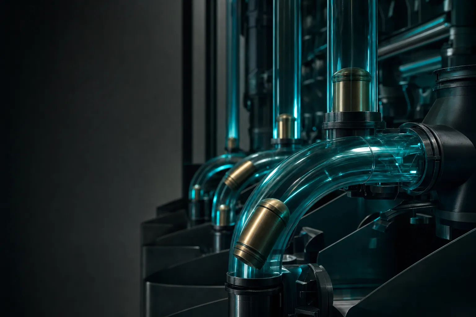 Brass capsules moving through teal-lit pneumatic tubes in a dark sorting room.