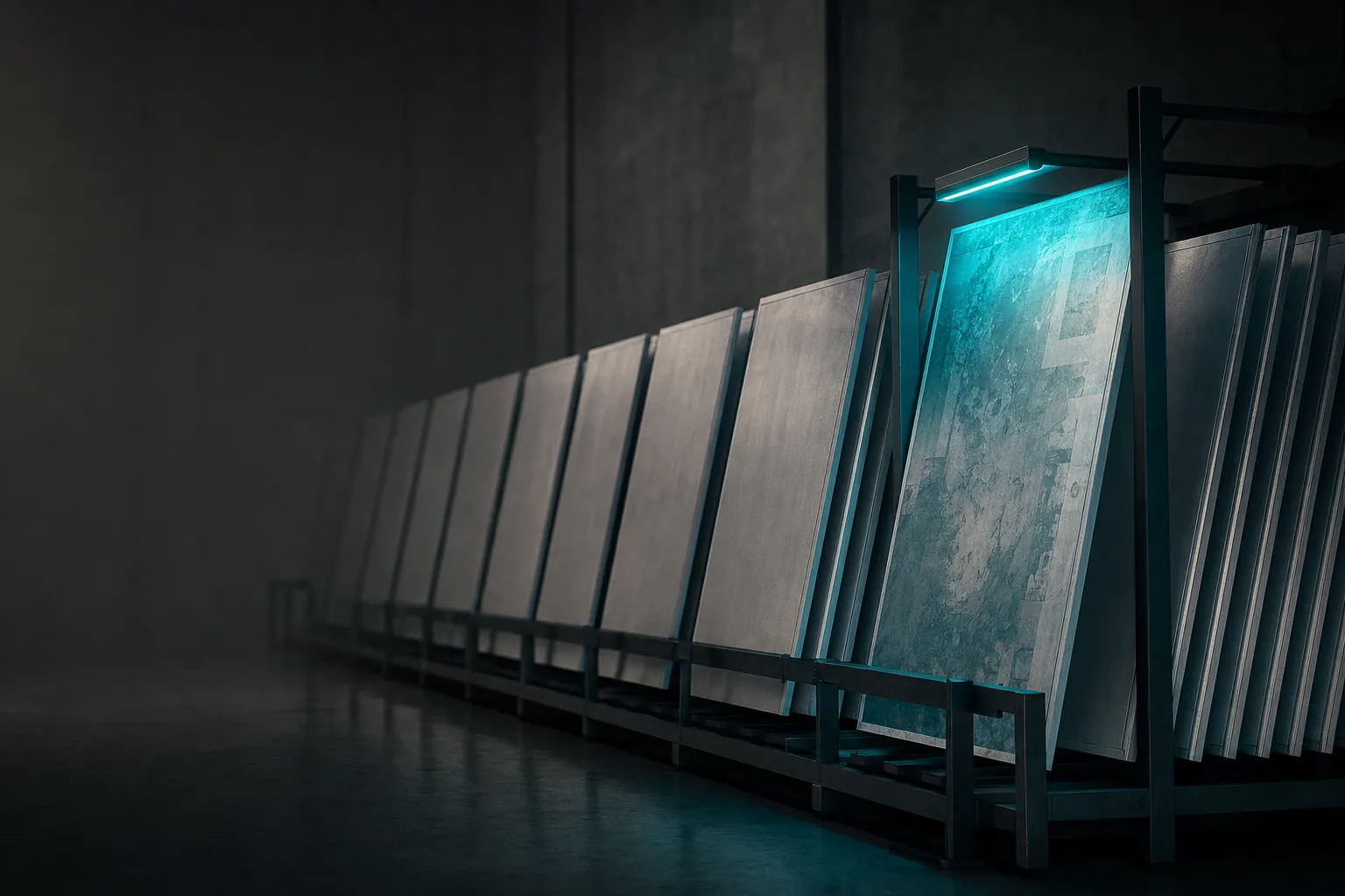 A rack of identical printing plates in a dark press room, one lit teal.