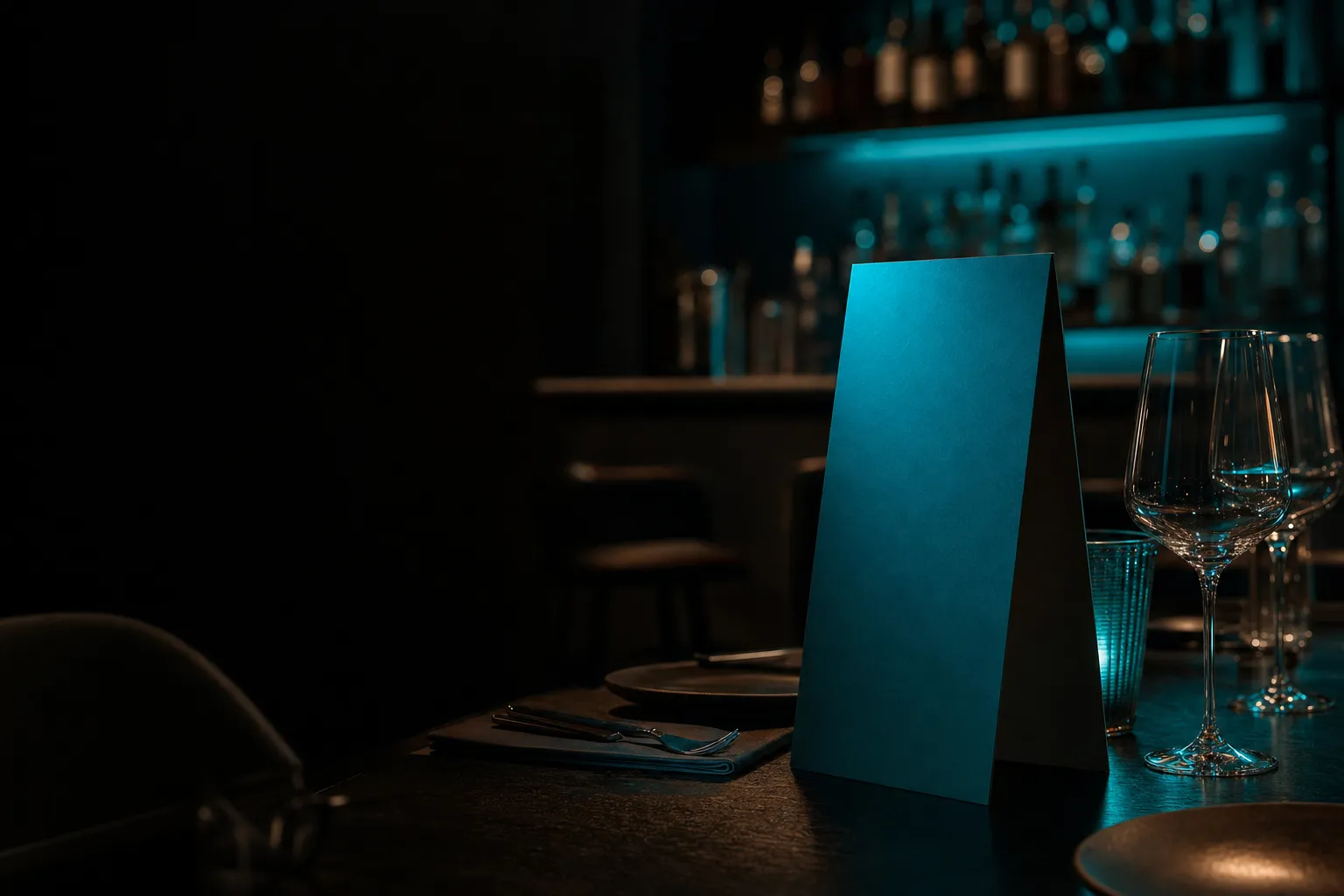 A folded blank menu card on a restaurant table at night, lit teal from the bar.