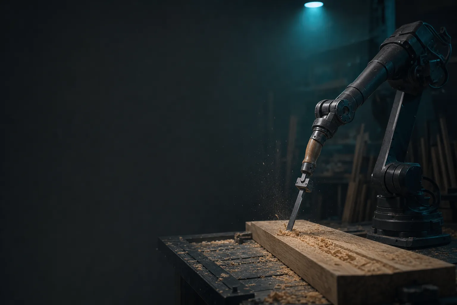 A robot arm holding a chisel over an oak plank in a dark workshop lit teal.