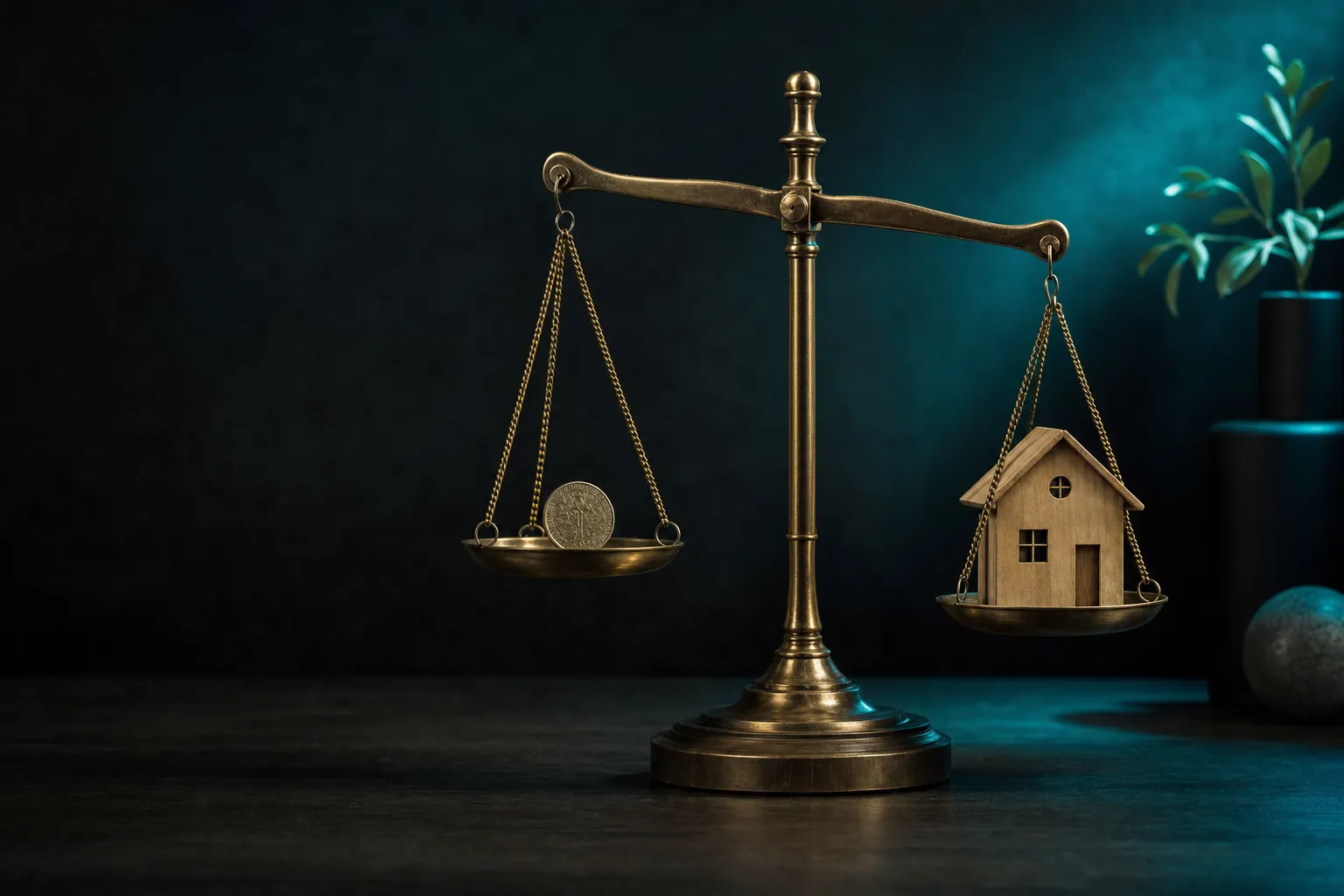 A balance scale weighing a coin against a small model house.