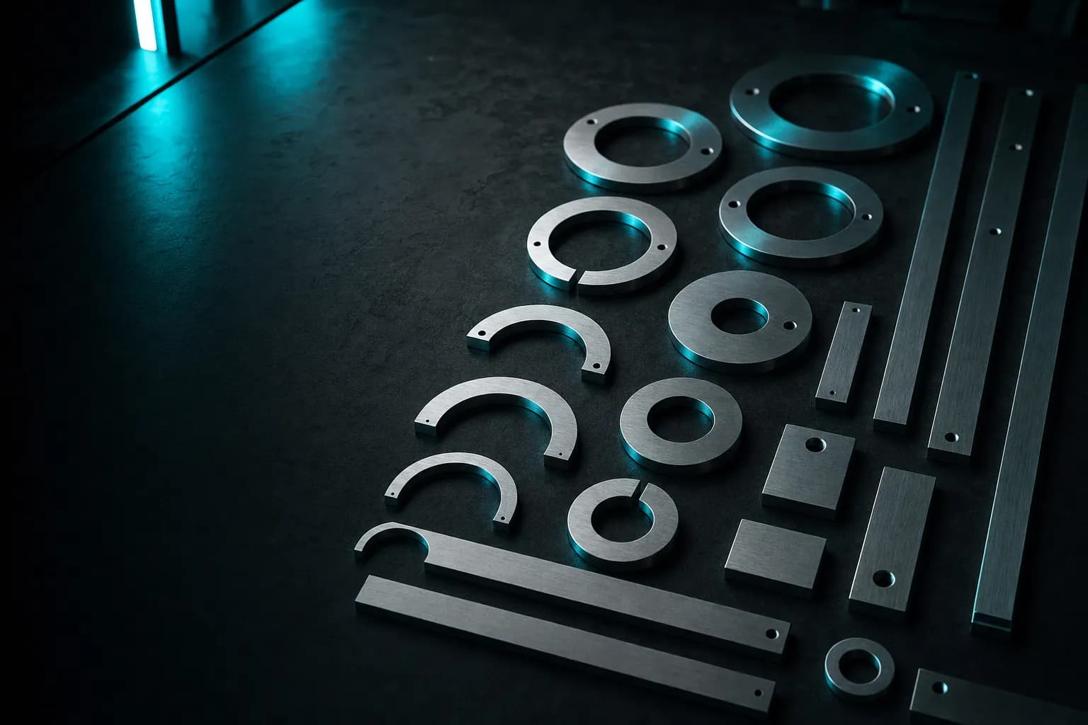Steel stencil shapes arranged in a grid on a dark drafting table.