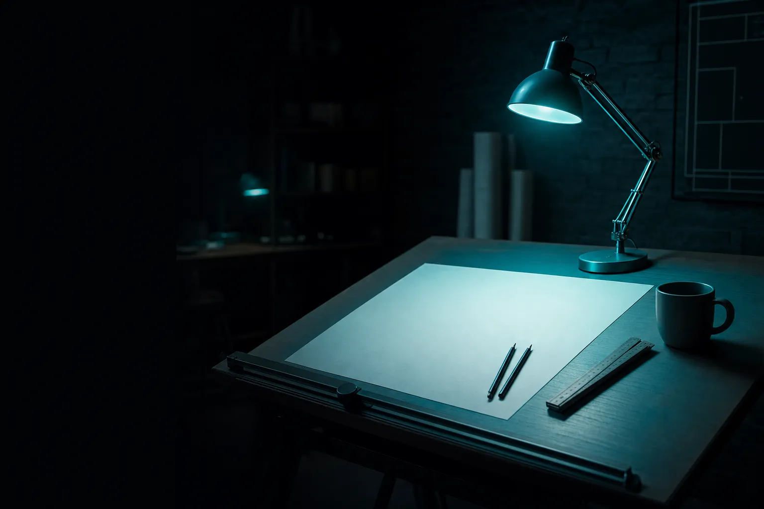 A drafting table under a single teal lamp in a dark studio, with blank paper, pencils, and a mug.
