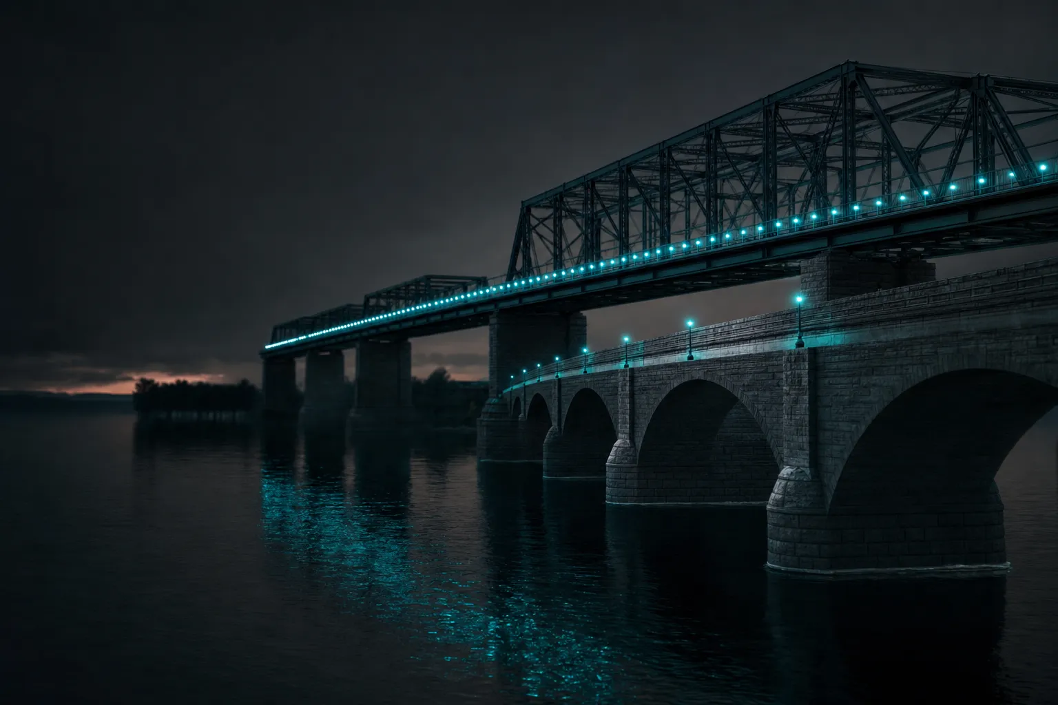 A stone bridge and a steel bridge crossing the same river at dusk, lit teal.