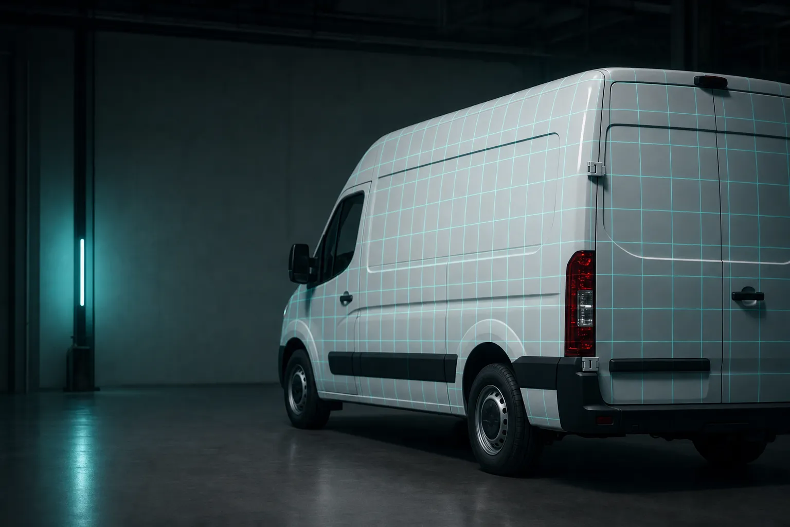A white cargo van in a dark garage with a teal panel grid projected on its side.