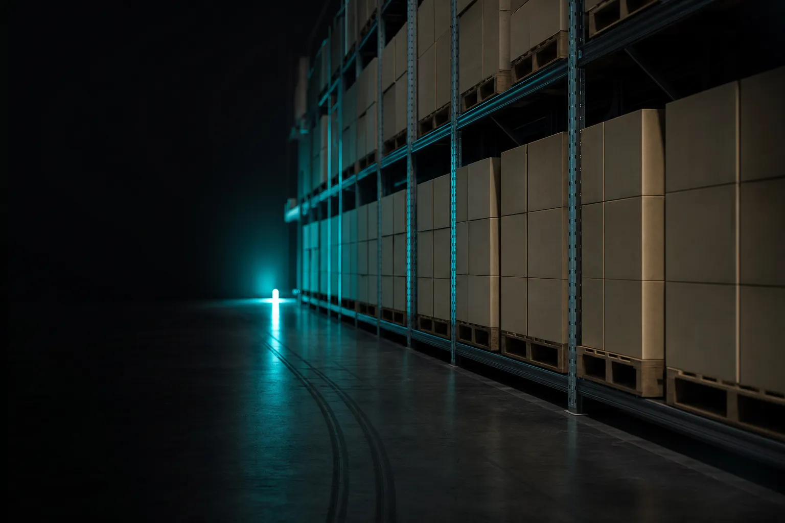 Stacked plain cartons on warehouse racking under teal lights.