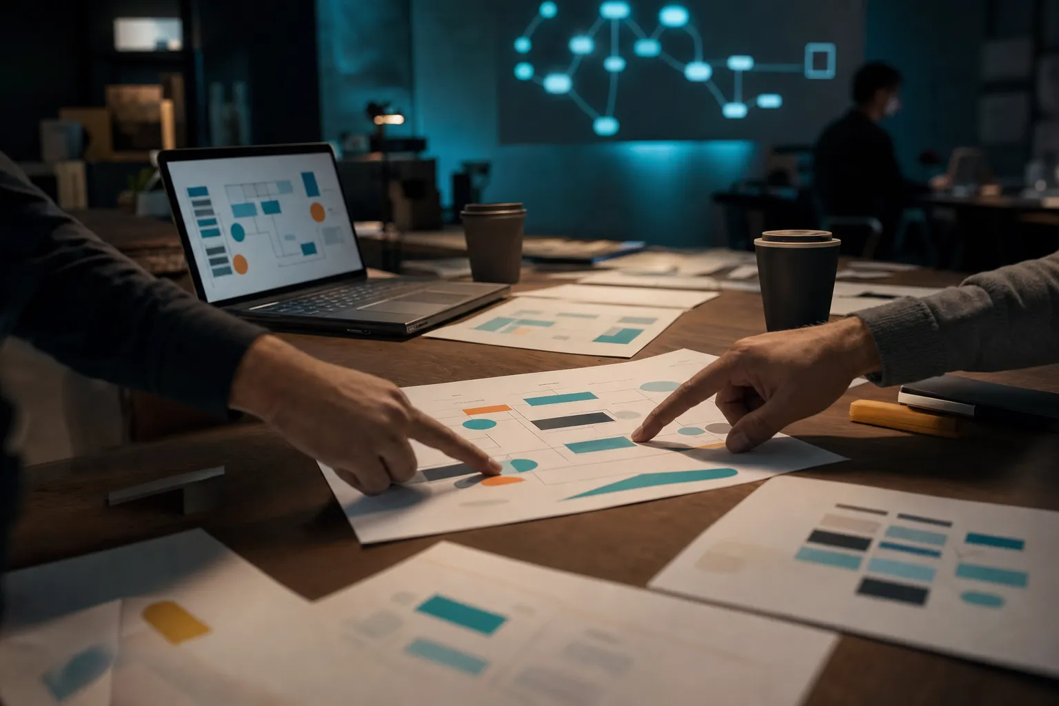 Hands pointing at a printed flowchart on a conference table with a teal projection behind.