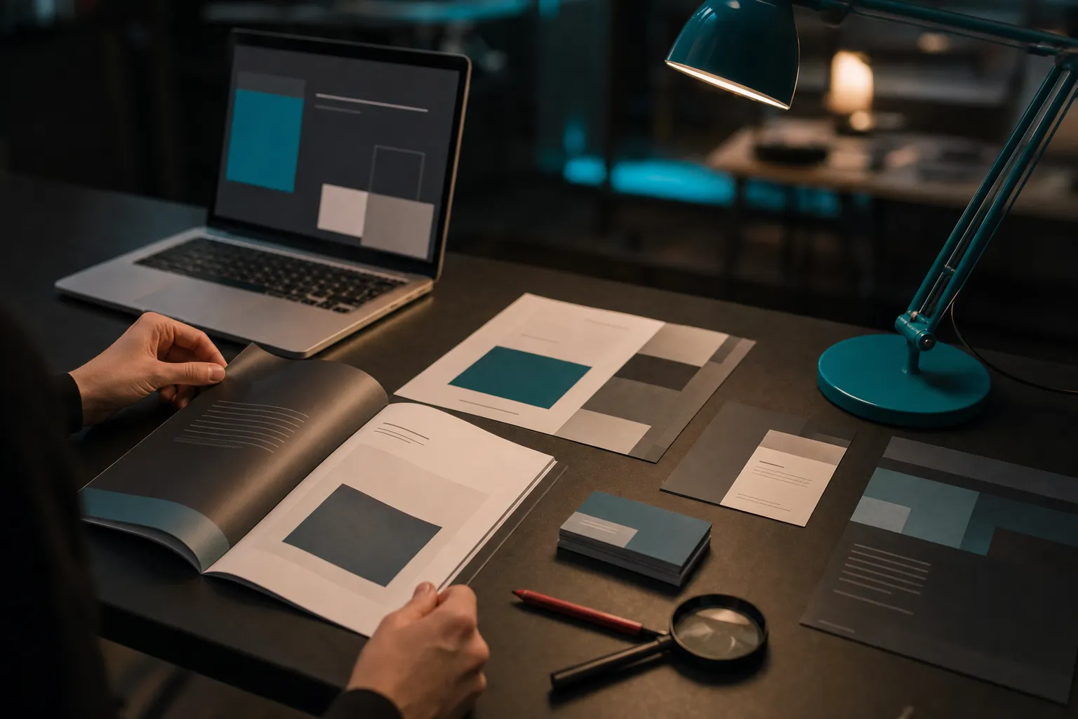Printed brand materials spread on a table with a magnifier and a laptop showing an abstract site layout.