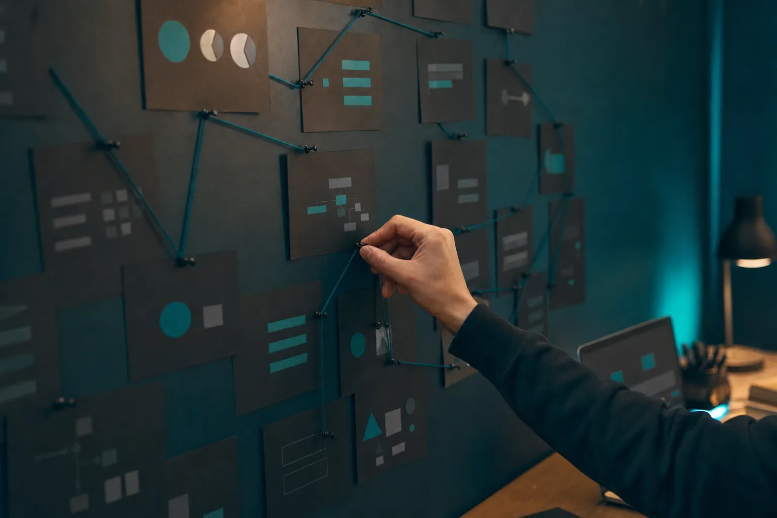 A hand pinning an index card onto a wall of cards connected by teal string like a workflow map.