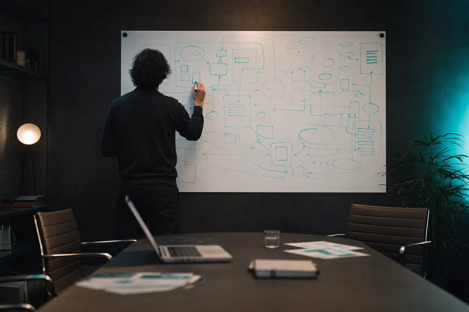 A person from behind drawing abstract boxes and arrows in teal marker on a whiteboard wall.