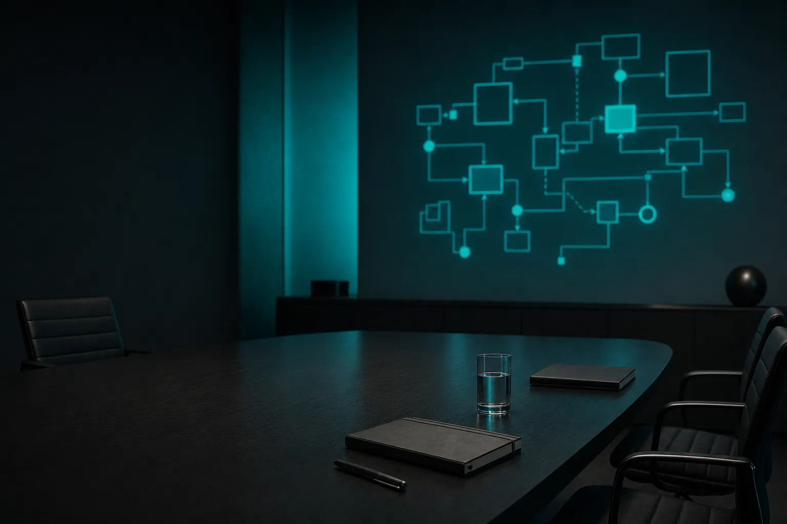 A dark conference table with notebooks and a teal projected flow diagram on the wall