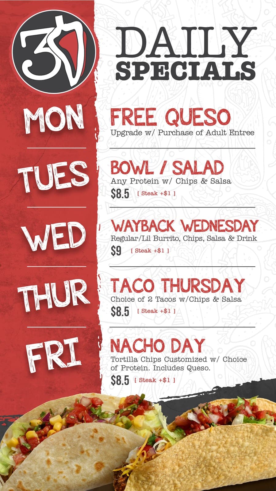 3 Pepper Burrito Co. daily specials digital menu board listing Monday through Friday deals beside a taco photo