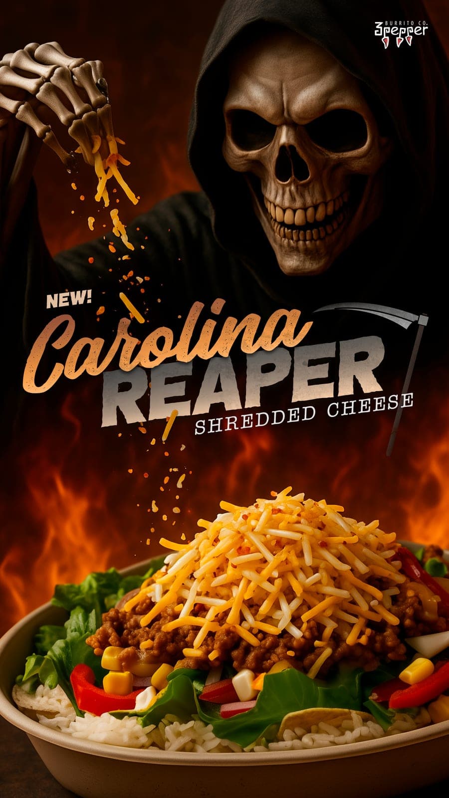 3 Pepper Burrito Co. ad for new Carolina Reaper shredded cheese with a hooded skeleton sprinkling cheese over a bowl