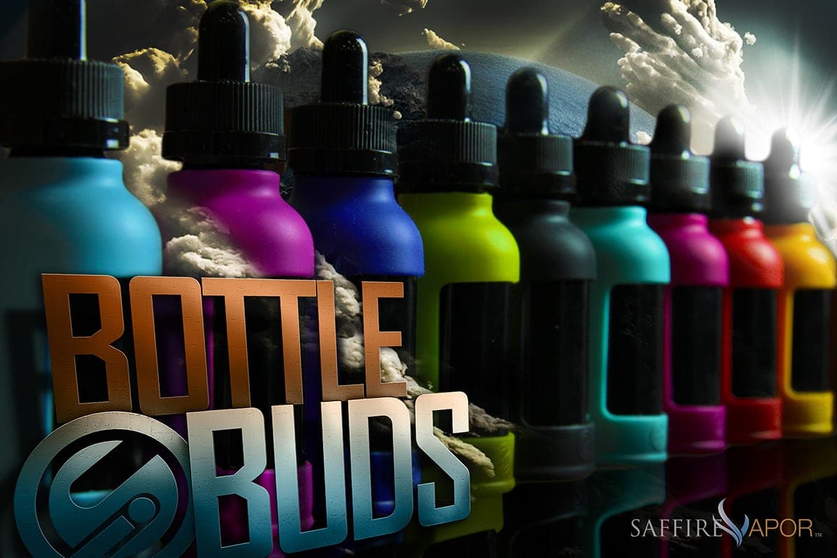 Bottle Buds product ad with nine colorful eliquid bottles in a row against a smoky dark background and Saffire Vapor logo