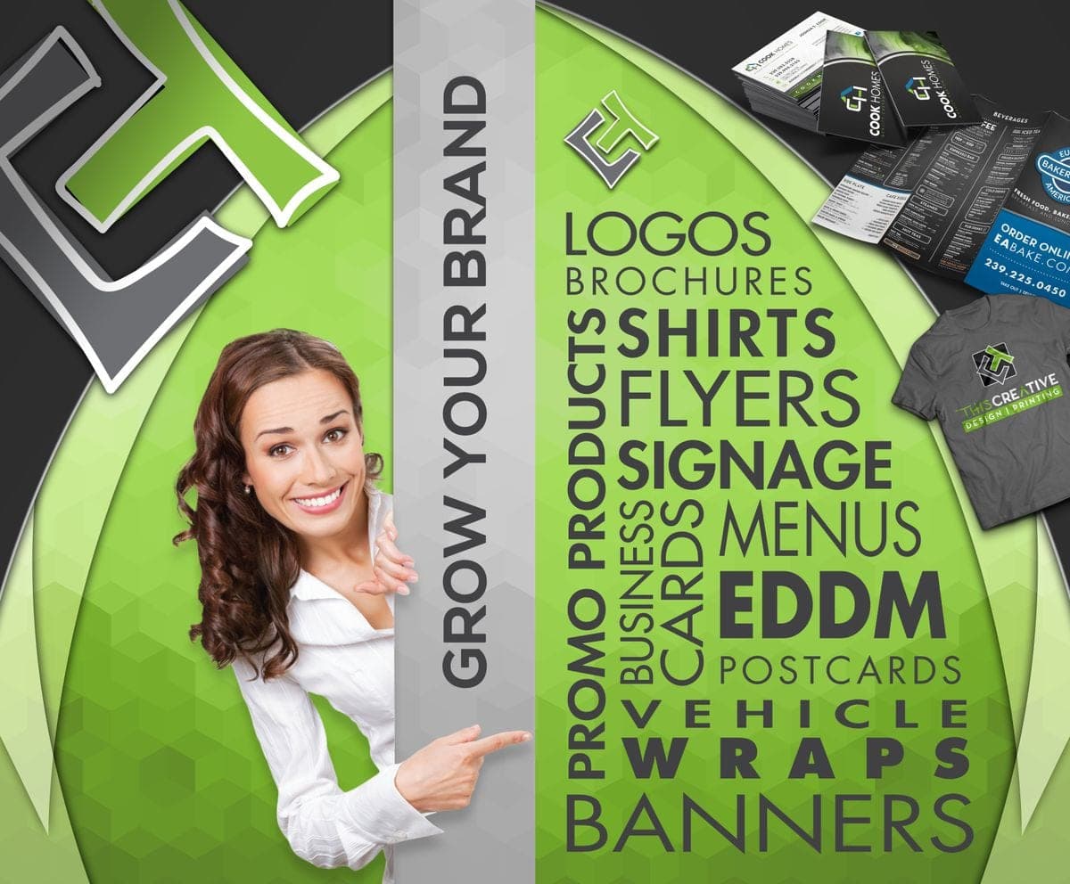 This Creative window graphic in green and black with a woman pointing at a word cloud of logos, shirts, flyers, banners