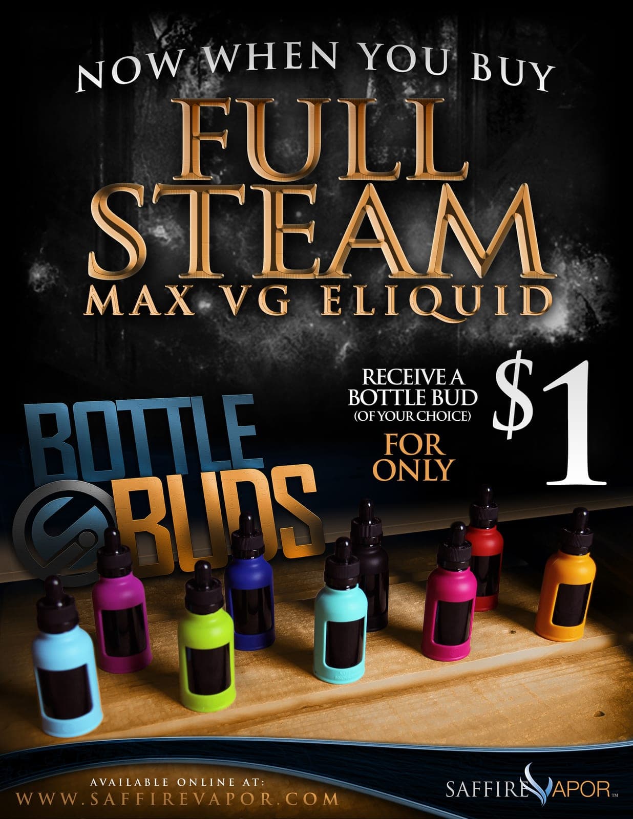 Full Steam Max VG Eliquid ad with a vintage locomotive graphic in black and gold, now available online 30ml 17.99