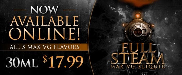 Saffire Vapor Full Steam eliquid banner ad with a locomotive graphic, all 5 flavors now online 30ml for 17.99