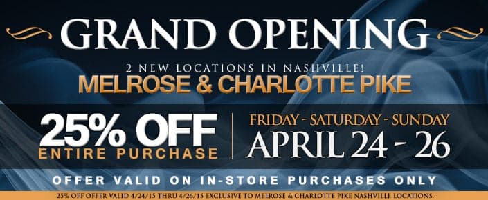 Saffire Vapor Grand Opening ad for two new Nashville locations, 25 percent off, dark blue smoke background