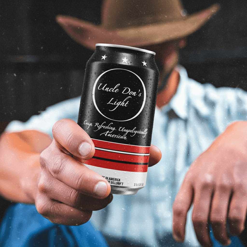 Uncle Don's Light beer can held up by a man in a cowboy hat, close-up product shot with red white and blue label