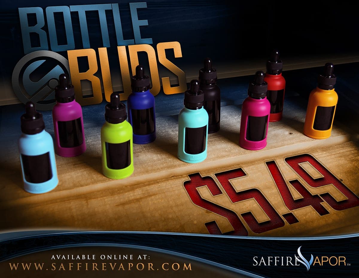 Bottle Buds pricing ad showing eight colored bottles on wood with 5.49 price and saffirevapor.com website text