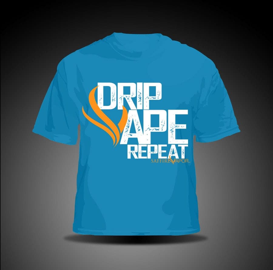 Blue t-shirt with orange flame graphic and white text reading Drip Vape Repeat for Saffire Vapor