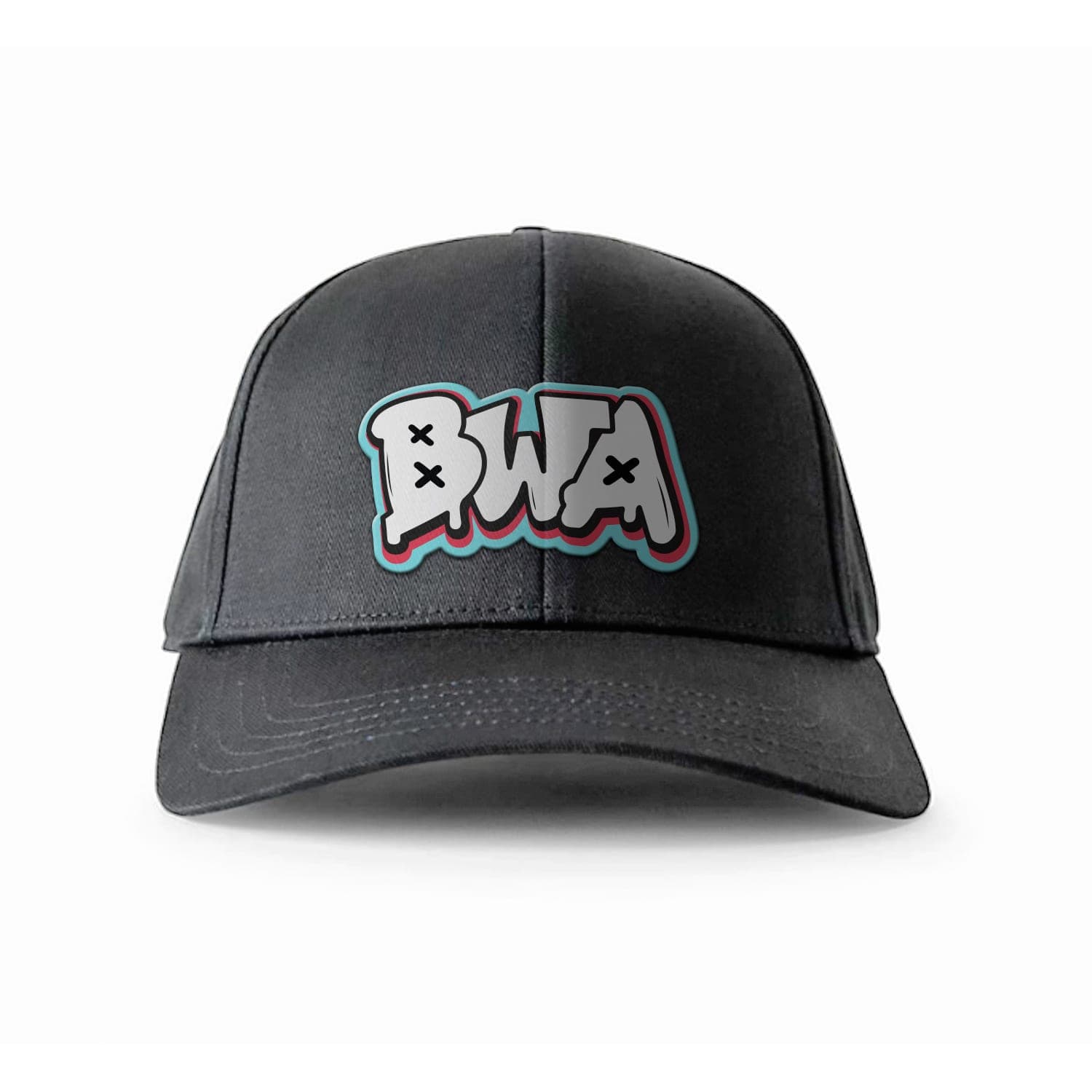 Black baseball cap with a gray, teal, and pink graffiti-style BWA patch logo on the front